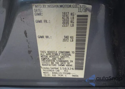 2017 Nissan Altima 2.5 Sv z USA, uszkodzony, nr VIN 1N4AL3AP6HC156326